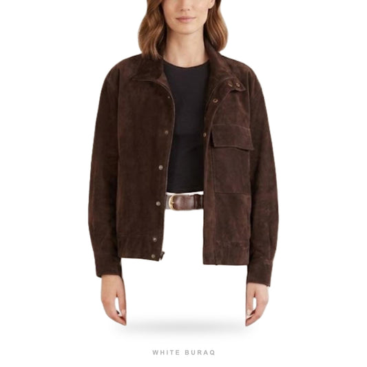 Women's Dark Brown Suede High-Collar Snap Jacket – view 2