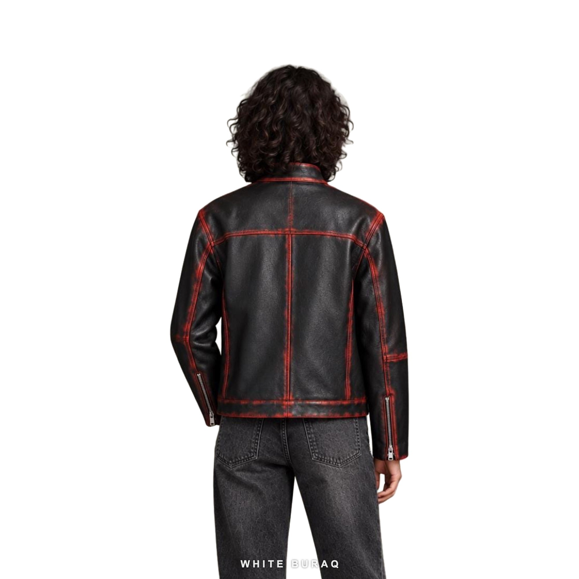 Black & Red Waxed Cowhide Cafe Racer Jacket – view 3