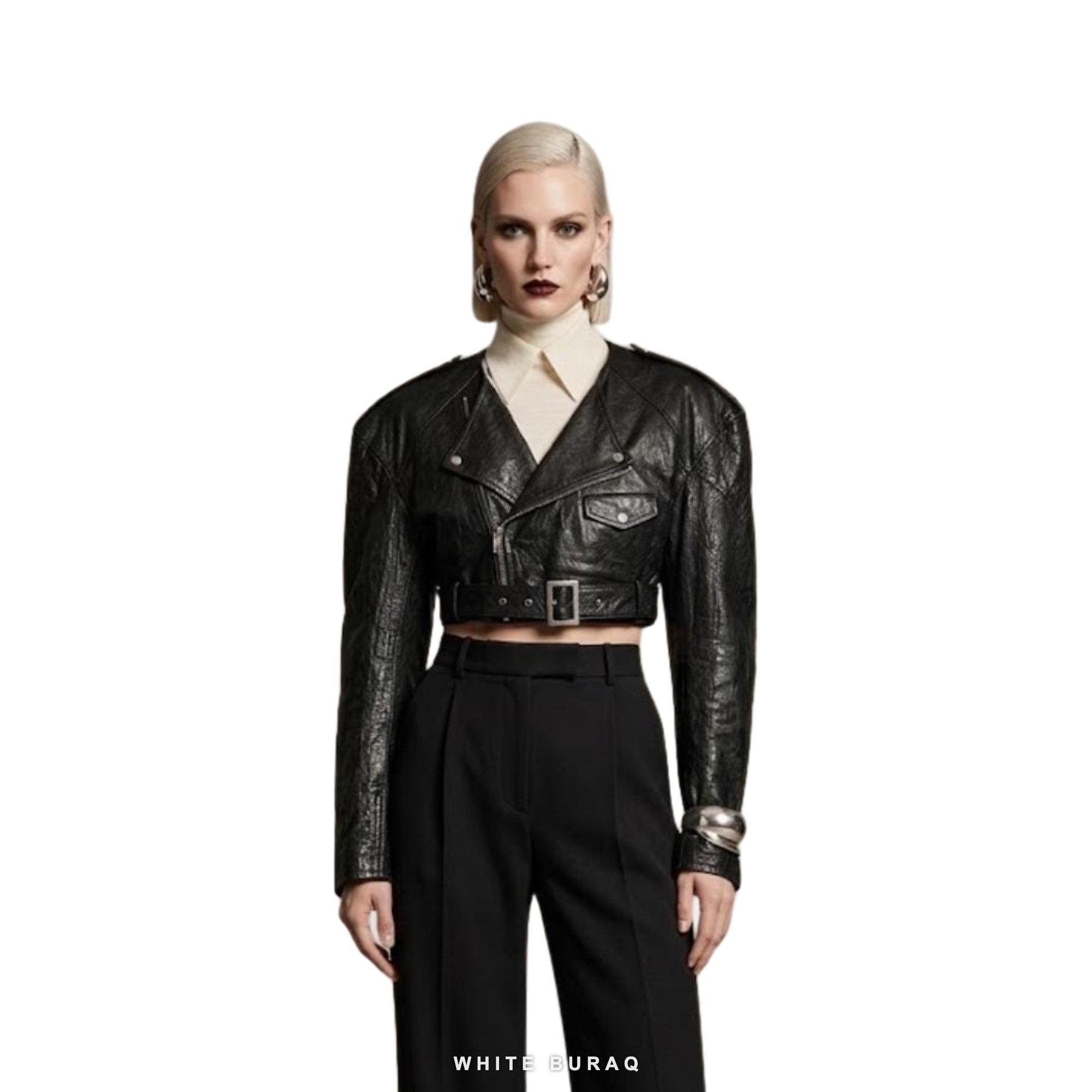 Women's Black Calf Leather Belted Cropped Biker Jacket
