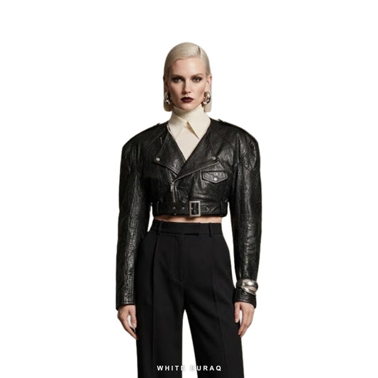 Women's Black Calf Leather Belted Cropped Biker Jacket