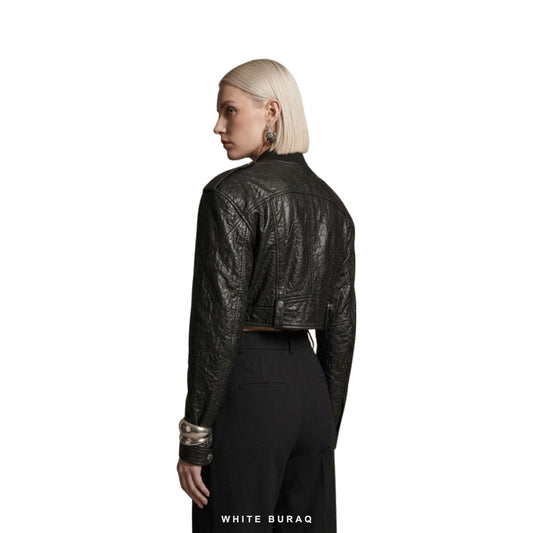 Women's Black Calf Leather Belted Cropped Biker Jacket – view 2