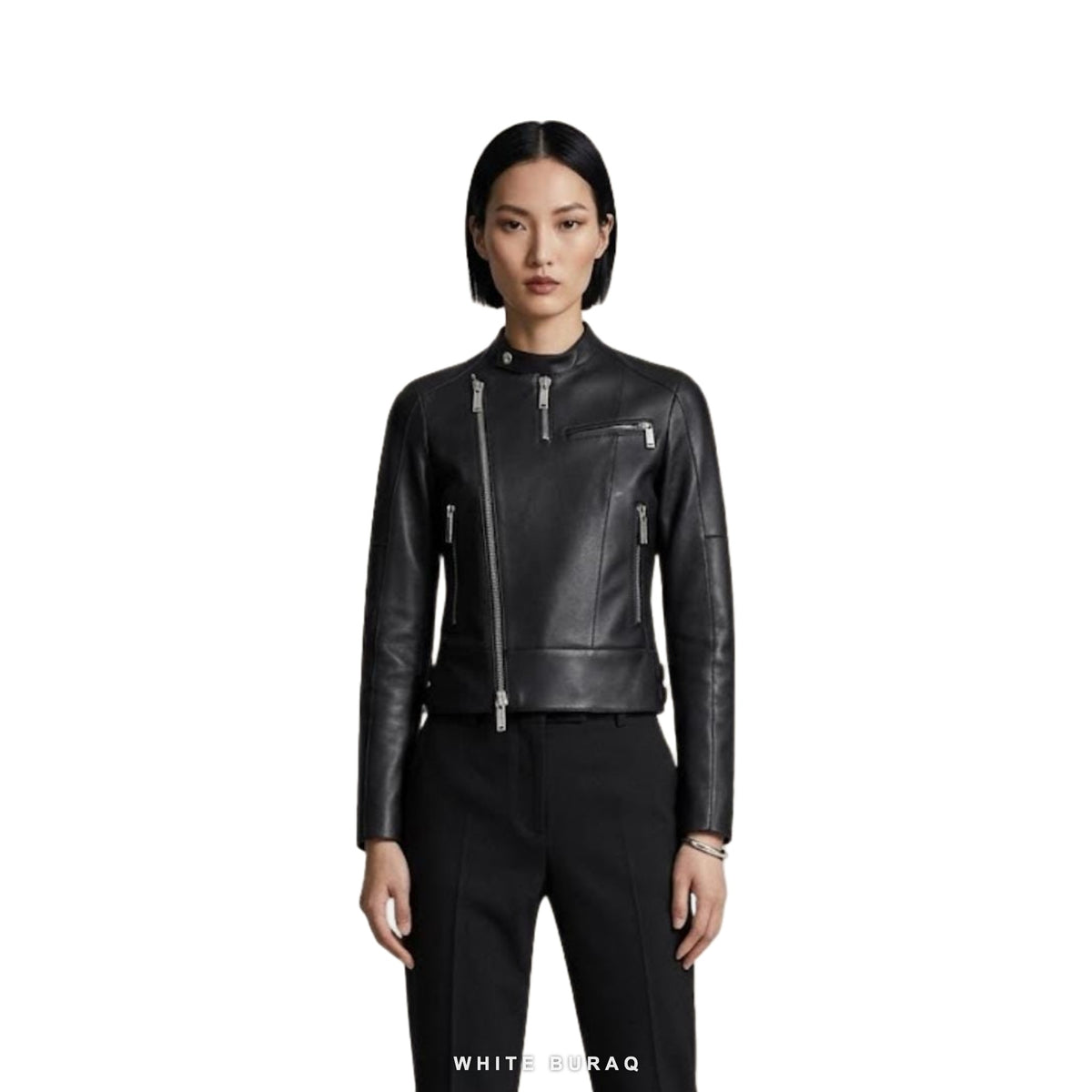 Women's Black Sheepskin Cropped Stand-Collar Moto Jacket