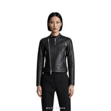 Women's Black Sheepskin Cropped Stand-Collar Moto Jacket