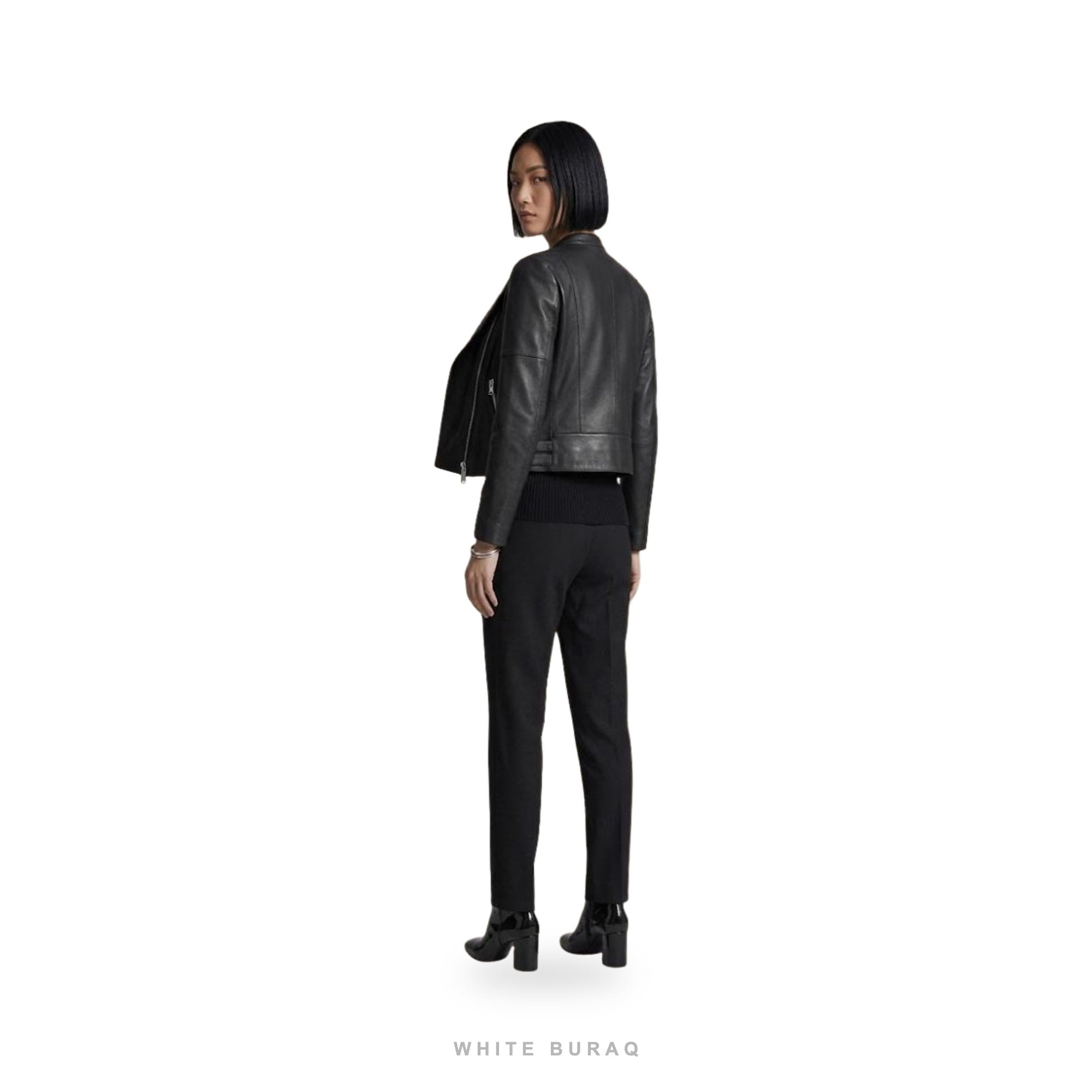 Women's Black Sheepskin Cropped Stand-Collar Moto Jacket – view 2
