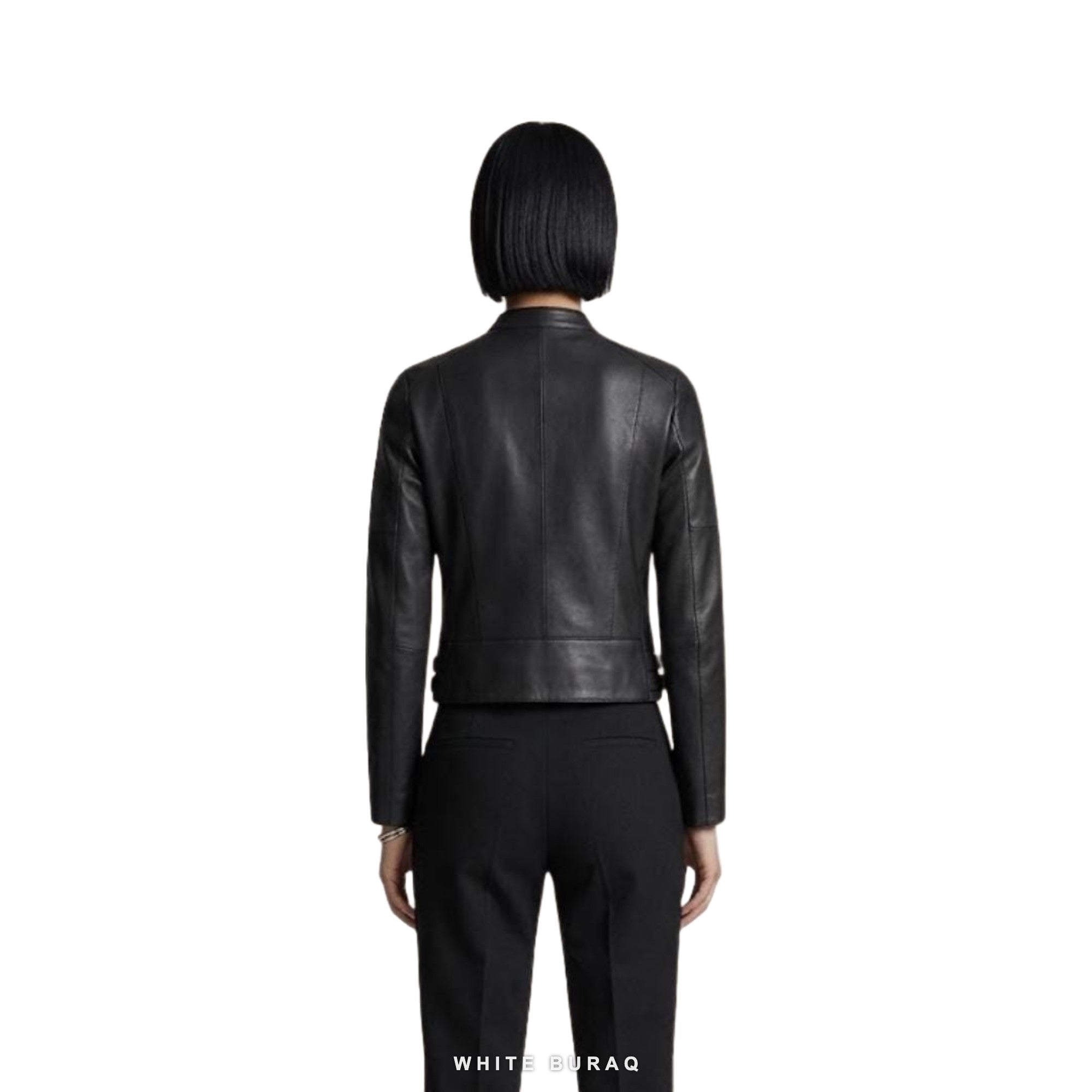 Women's Black Sheepskin Cropped Stand-Collar Moto Jacket – view 3