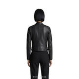Women's Black Sheepskin Cropped Stand-Collar Moto Jacket – view 3