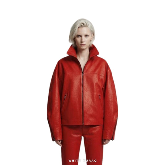 Women's Red Sheepskin Collared Moto Jacket