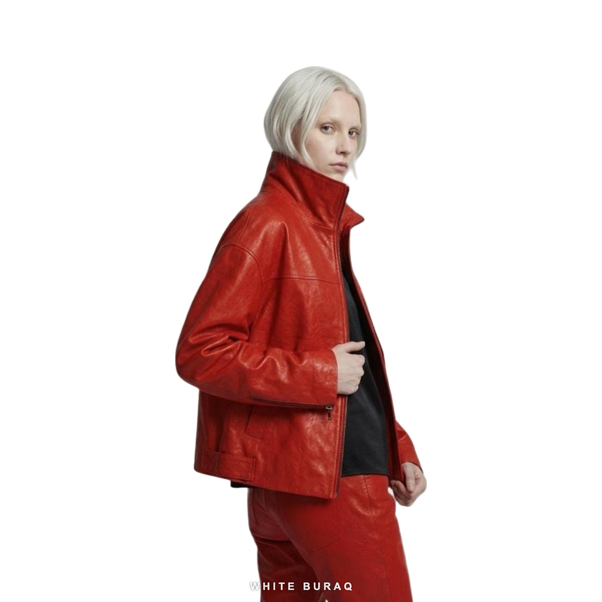 Women's Red Sheepskin Collared Moto Jacket – view 2