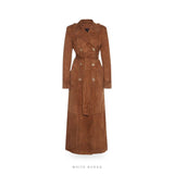 Women's Brown Suede Double-Breasted Trench Coat