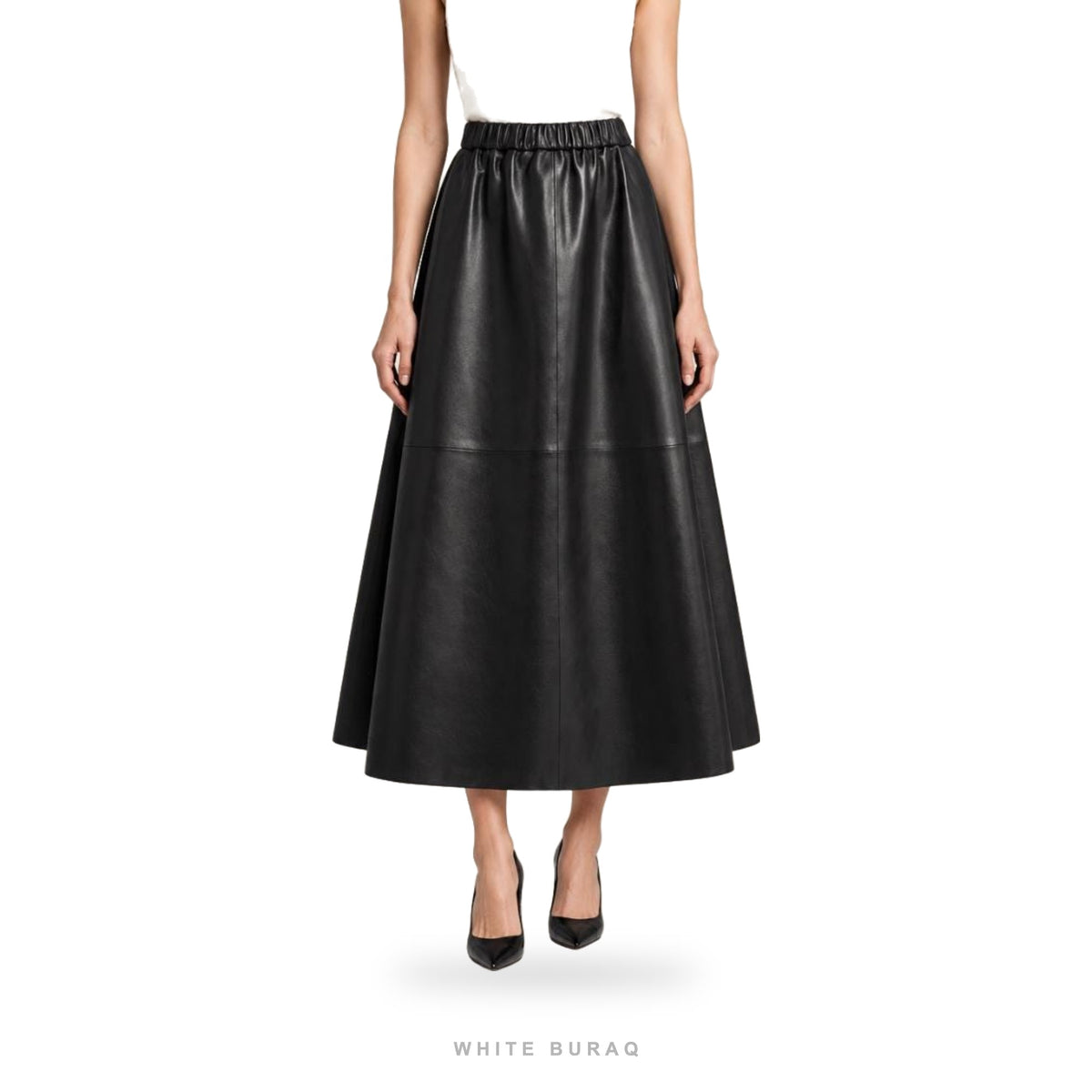 Women's Black Leather Elastic-Waist A-Line Maxi Skirt