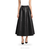 Women's Black Leather Elastic-Waist A-Line Maxi Skirt