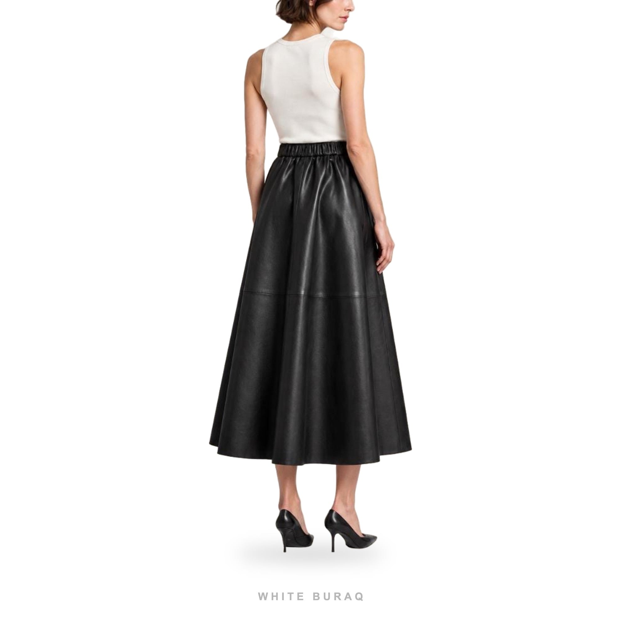 Women's Black Leather Elastic-Waist A-Line Maxi Skirt – view 3