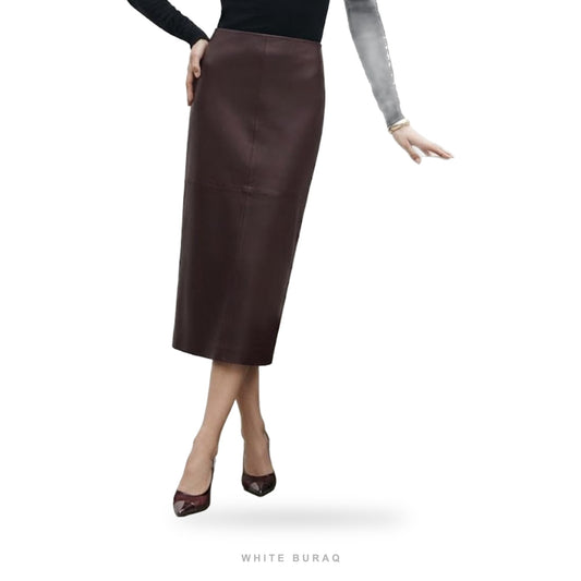 Women's Dark Brown Sheepskin Midi Pencil Skirt