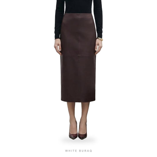 Women's Dark Brown Sheepskin Midi Pencil Skirt – view 2