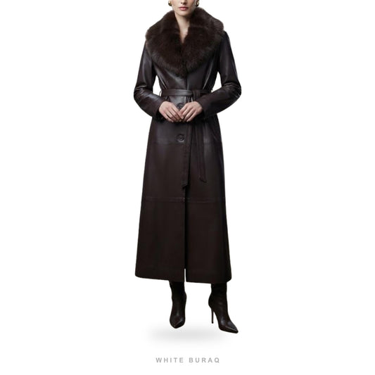 Women's Dark Brown Leather Long Trench Coat with Fur-Style Collar