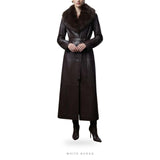 Women's Dark Brown Leather Long Trench Coat with Fur-Style Collar