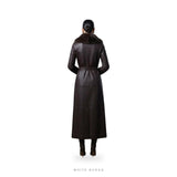 Women's Dark Brown Leather Long Trench Coat with Fur-Style Collar – view 3