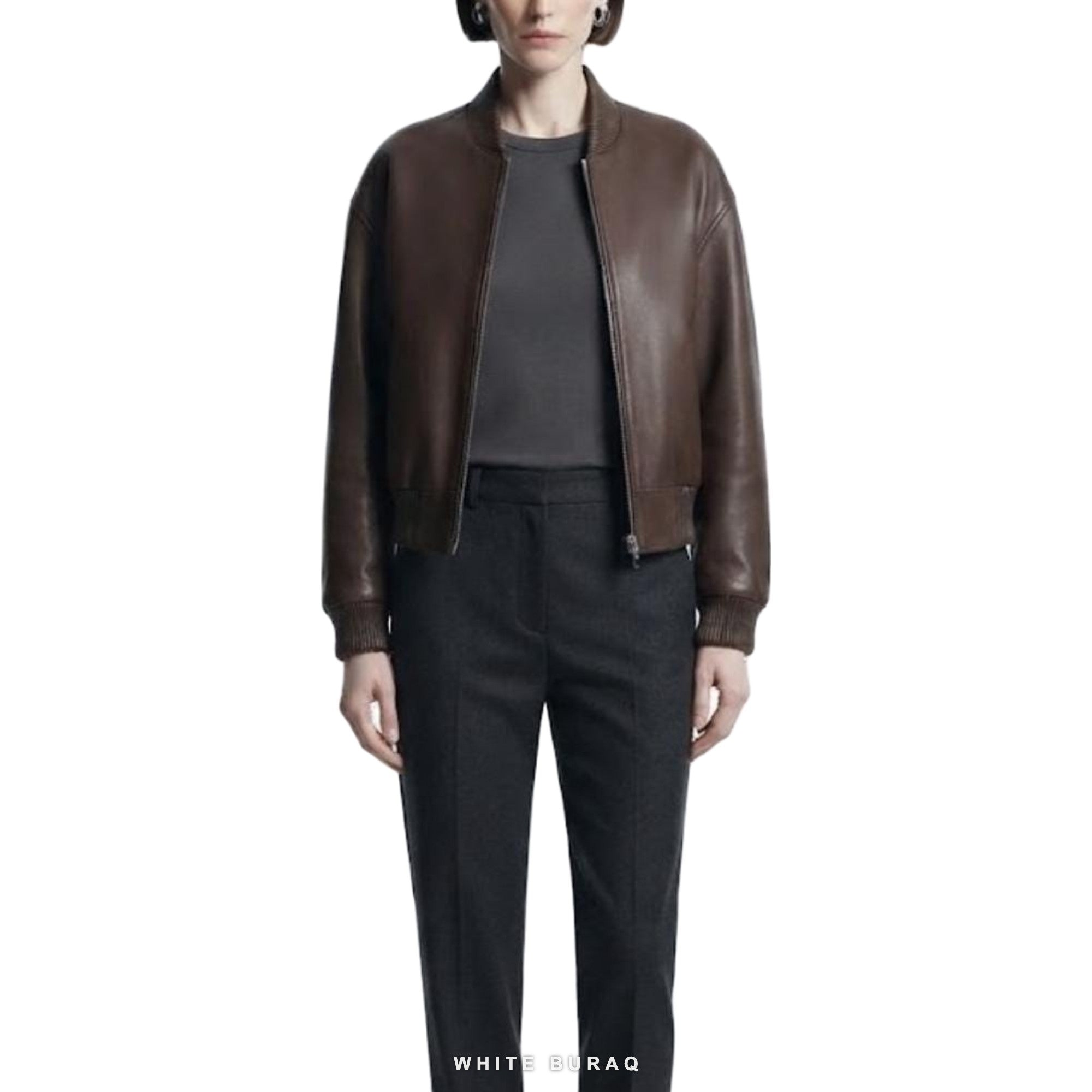 Women's Dark Brown Leather Cropped Ribbed Bomber – view 2