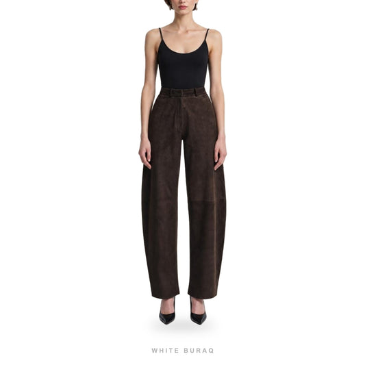 Women's Dark Brown Suede Curved-Leg Trousers