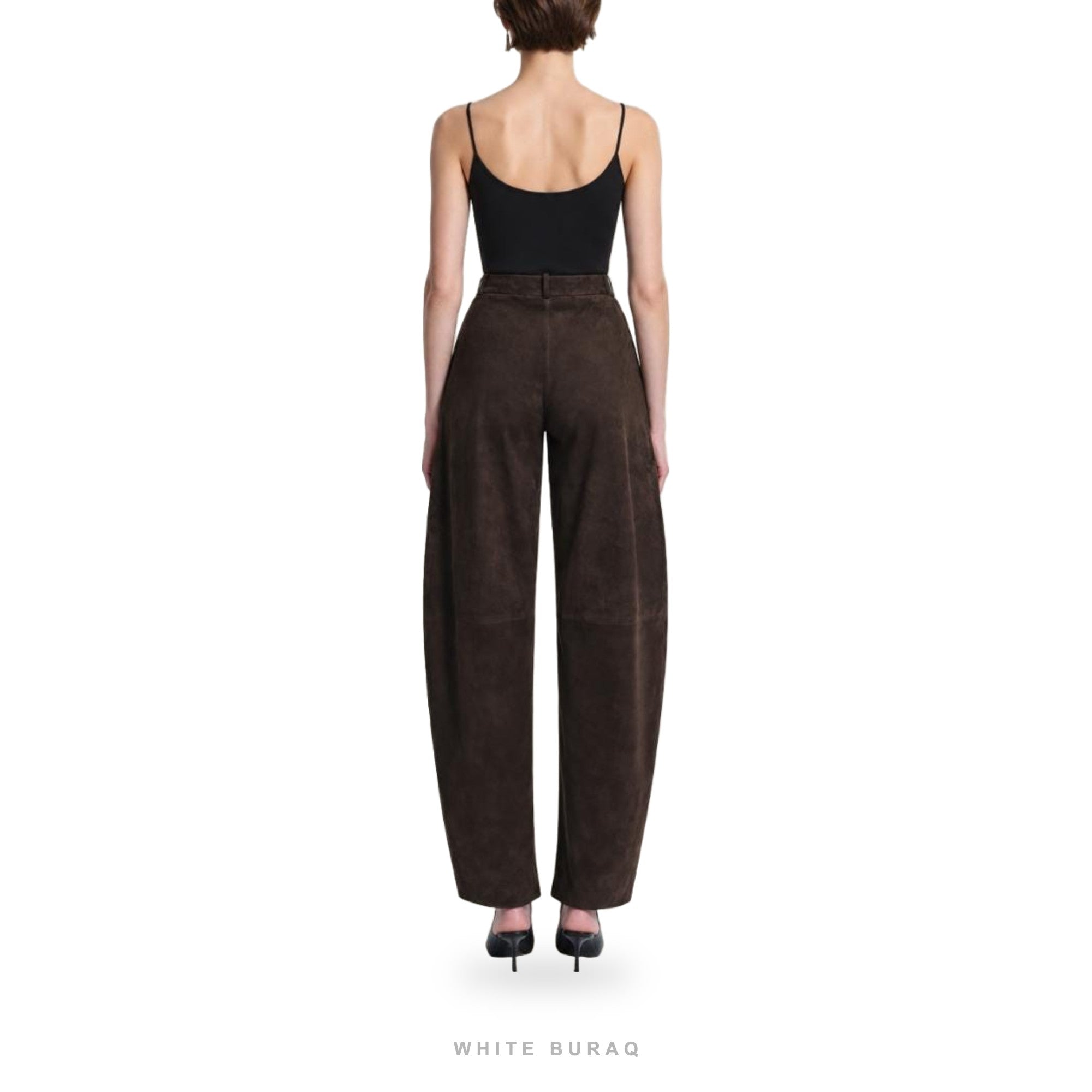 Women's Dark Brown Suede Curved-Leg Trousers – view 2