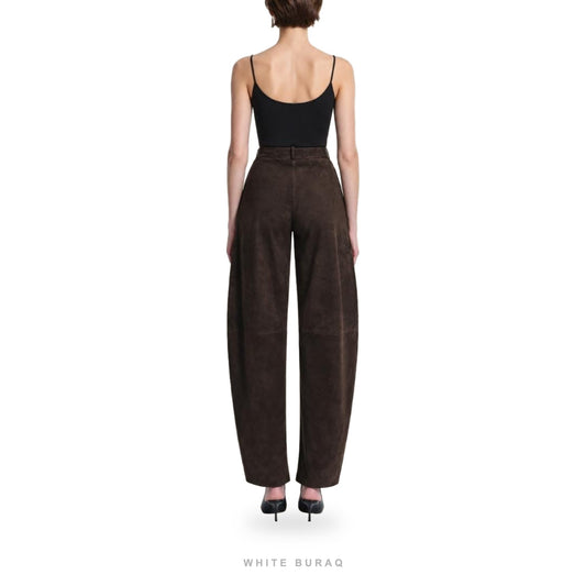 Women's Dark Brown Suede Curved-Leg Trousers – view 2
