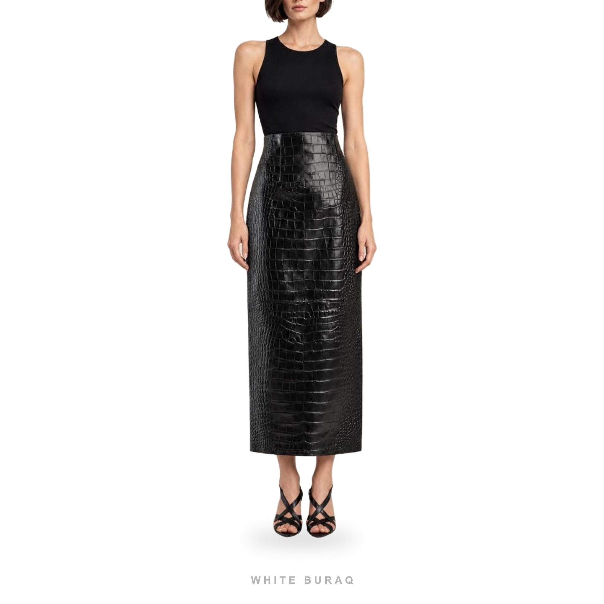 Women's Black Croc-Embossed Leather Maxi Pencil Skirt – view 2