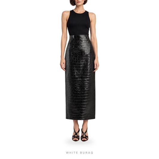 Women's Black Croc-Embossed Leather Maxi Pencil Skirt – view 2