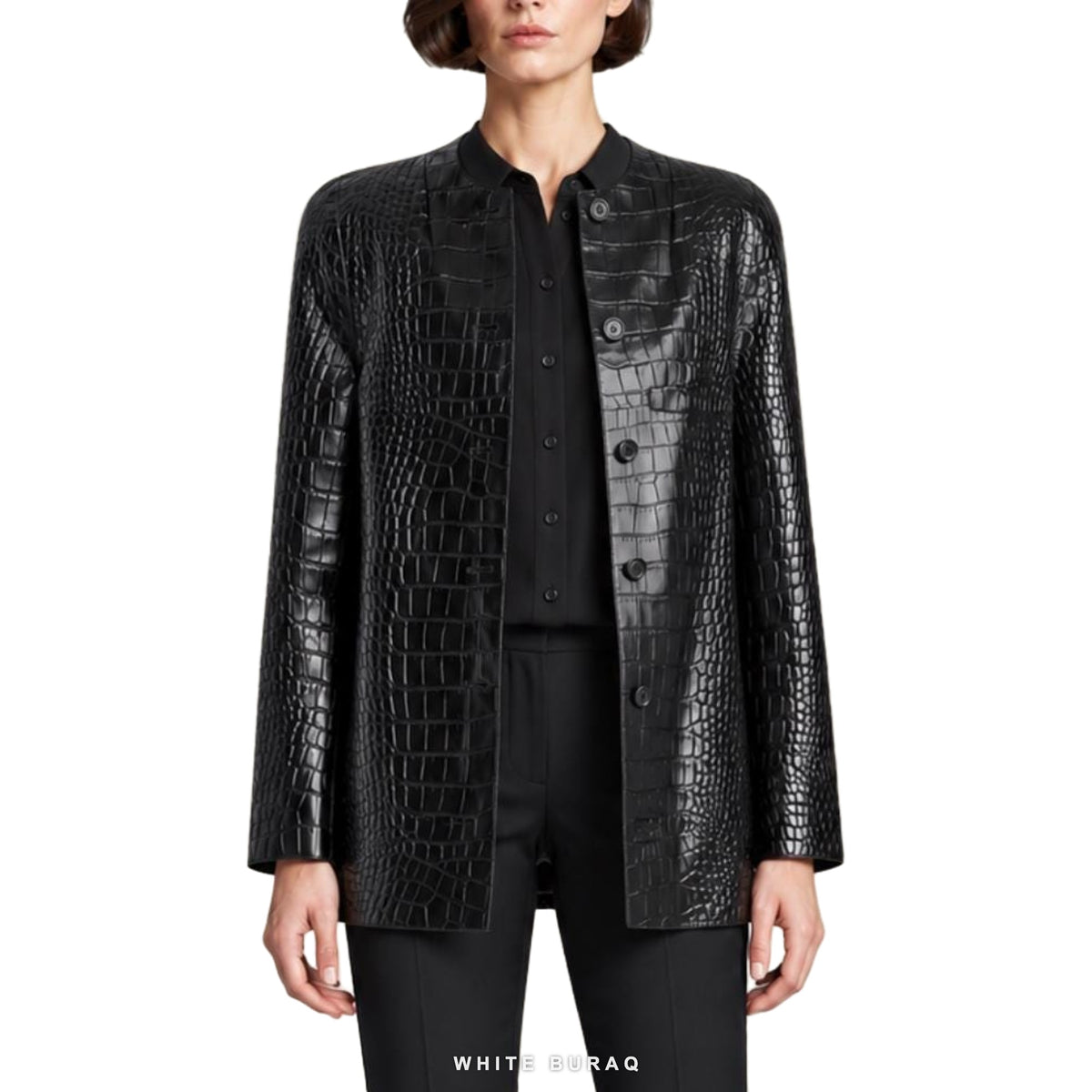 Women's Black Croc-Embossed Longline Collarless Blazer