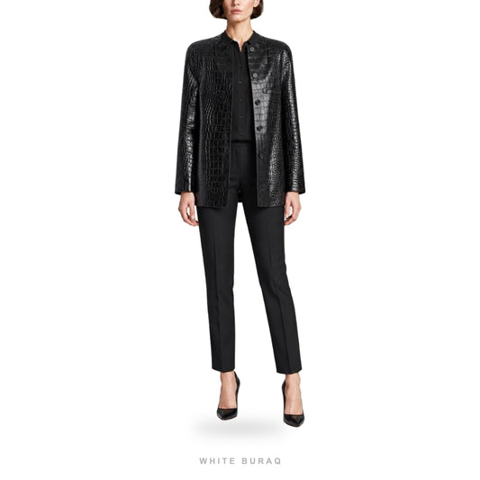 Women's Black Croc-Embossed Longline Collarless Blazer – view 2