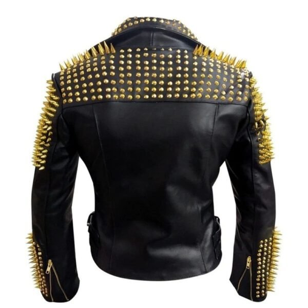 Black Heavy Metal Gold Studs Motorbike Leather Jacket Women - Image 2