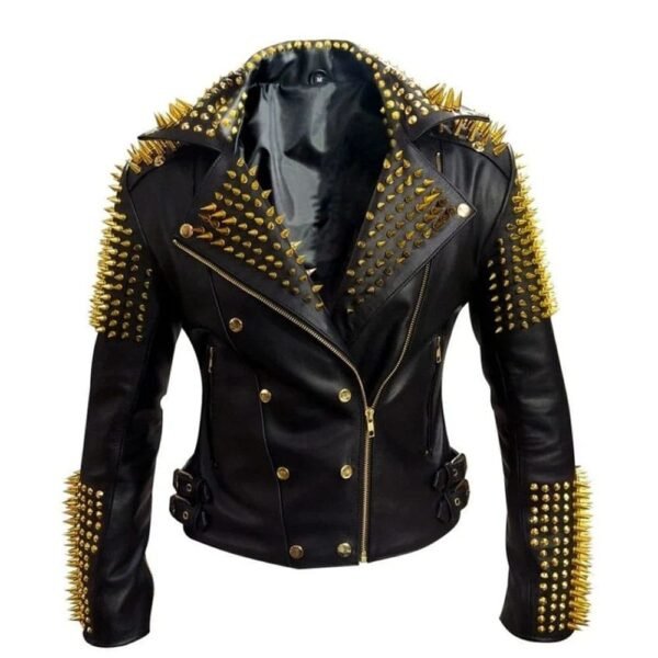 Black Leather Biker Jacket Adorned With Gold Studs for Women