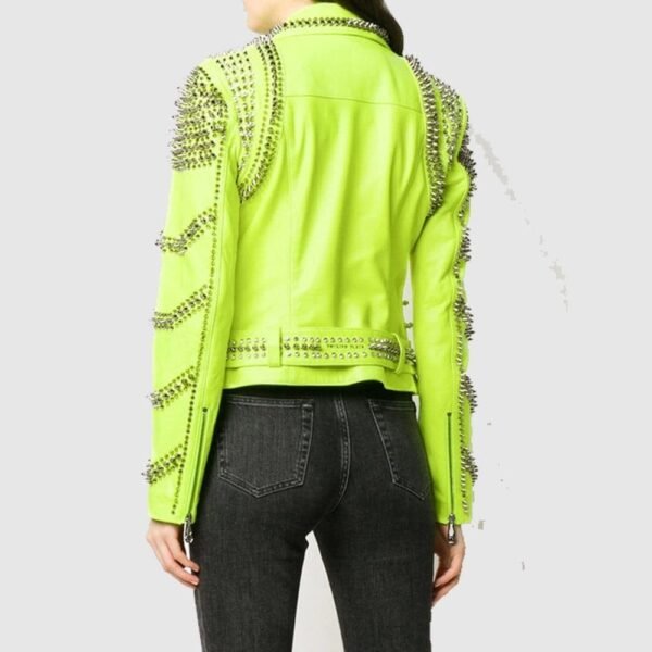 Brando Green Spiked Leather Lapel Fastener Women Studded Jacket - Image 2