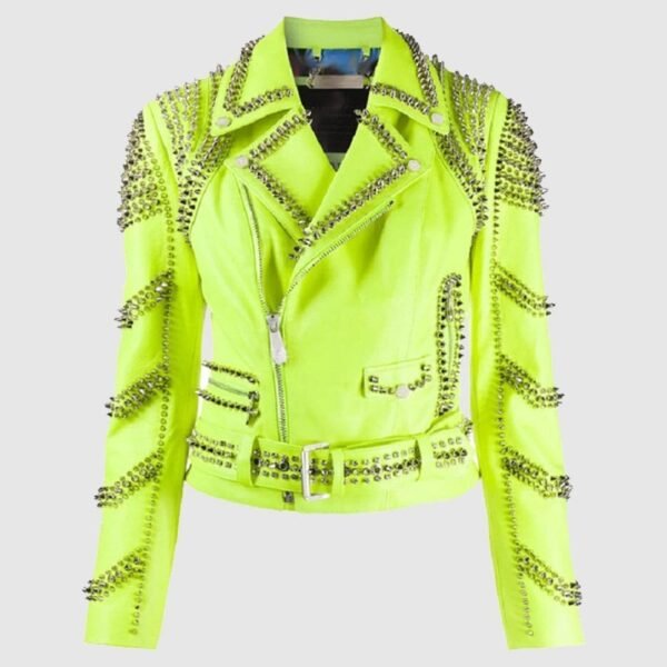 Brando Green Spiked Leather Lapel Fastener Women Studded Jacket