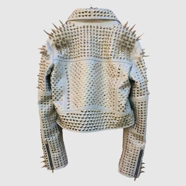 Comfortable White Color Brando Metal Spiked Leather Jacket - Image 2