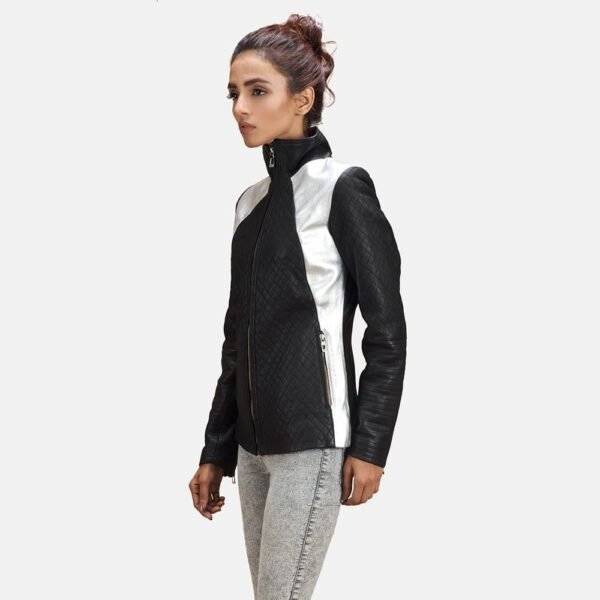 Alia Metallic Black Leather Biker Jacket - Image 4