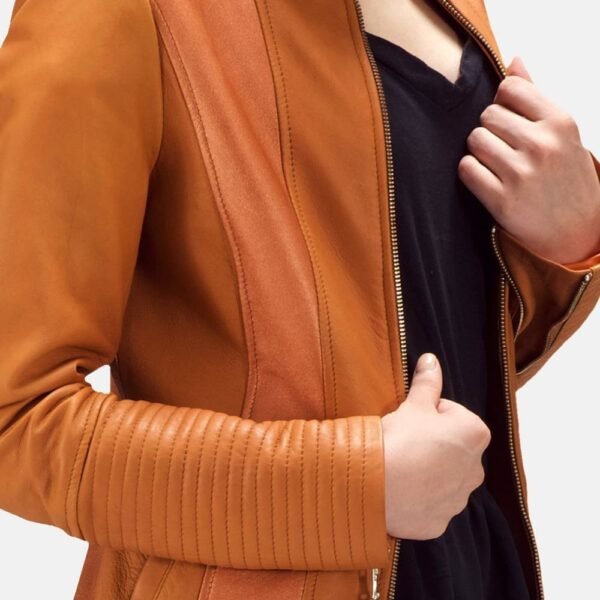 Sleeky Clean Tan Leather Biker Jacket - Image 4