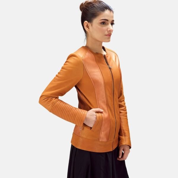 Sleeky Clean Tan Leather Biker Jacket - Image 6